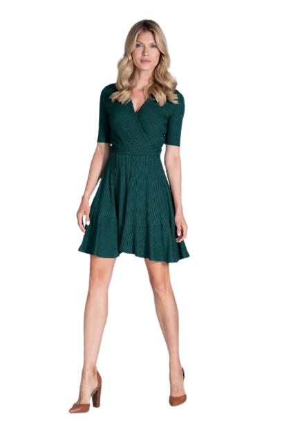 Sukienka Mini - Lejąca Z Wiskozy Krótki Rękaw Dekolt V - zielona